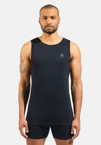 Black sleeveless athletic tank top made from a smooth, lightweight material; features a logo on the left chest area.