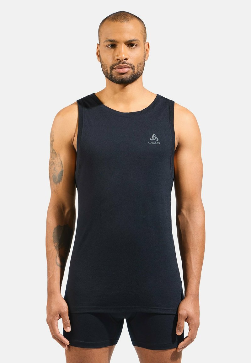 Black sleeveless athletic tank top made from a smooth, lightweight material; features a logo on the left chest area.
