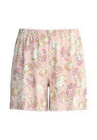 Roze elastische shorts met een bloemenpatroon met witte, roze en paarse bloemen en groene bladeren.
