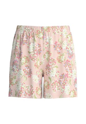 Pink elastic waist shorts with a floral pattern featuring white, pink, and purple flowers and green leaves.