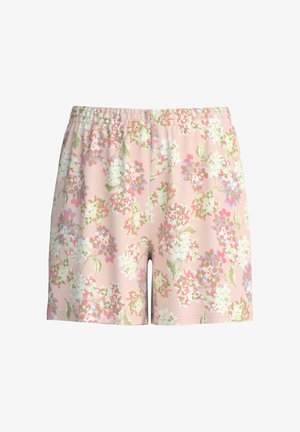 Roze elastische shorts met een bloemenpatroon met witte, roze en paarse bloemen en groene bladeren.