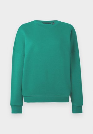 Tyrkysová mikina vyrobená z měkké tkaniny, s kulatým výstřihem, klesajícími rameny a pružnými manžetami a lemem. Jednoduchý design bez ozdob.