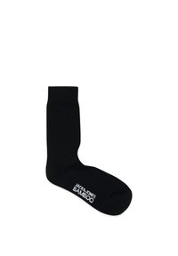 Chaussette en bambou noir avec une texture lisse. Présente un poignet côtelé et un texte de logo blanc "JACK & JONES BAMBOO" près des orteils.