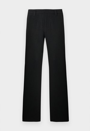 Pantalon noir à fines rayures verticales, coupe droite, devant plat, sans ornements visibles. Tissu à texture lisse.