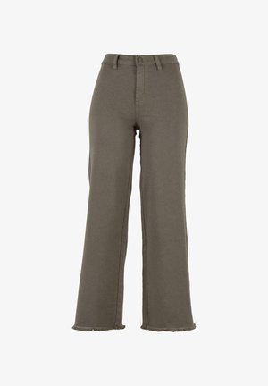 Pantaloni largi kaki cu talie înaltă, cu nasture și fermoar, bucle pentru curea și tivuri destrăbălate.