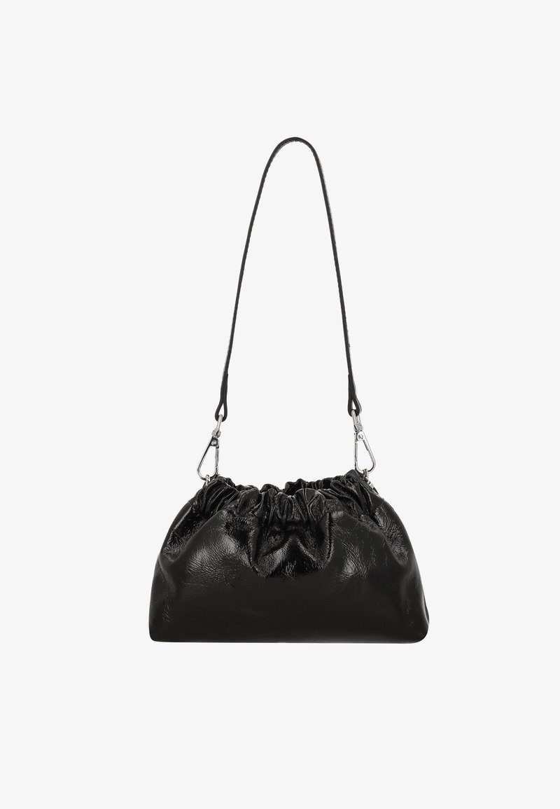 Black faux leather bag with a gathered design, silver hardware, and a single adjustable strap. Smooth texture and rounded shape.