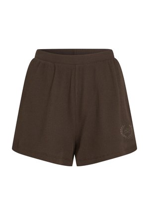Shorts marron côtelés avec une ceinture élastique, dotés de deux poches latérales et d'un petit logo brodé en bas à l'avant.
