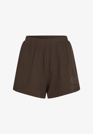 Brown ribbed shorts with an elastic waistband, featuring two side pockets and a small logo accent embroidered on the lower front.
