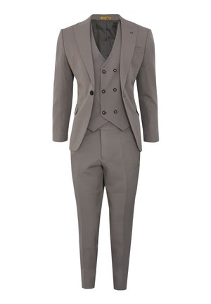 Grauer dreiteiliger Anzug mit einem taillierten Sakko mit Schalkragen, einem doppelt geknöpften Weste und schmal geschnittenen Hosen. Glatte Stofftextur.