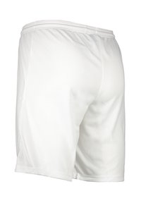 Shorts de sport blancs fabriqués en tissu léger et lisse. Dotés d'une taille élastique et d'une coupe ample. Design simple sans motifs.