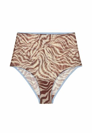 Højtaljede dameundertøj med gennemsigtigt brunt og cremefarvet zebra-print stof og lyseblå kant rundt om kanterne.