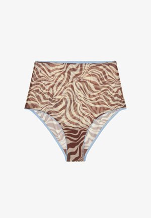 Højtaljede dameundertøj med gennemsigtigt brunt og cremefarvet zebra-print stof og lyseblå kant rundt om kanterne.