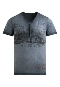 Gray short-sleeve t-shirt featuring a V-neck, button detail, and text designs in darker and red tones; made of soft, textured fabric.