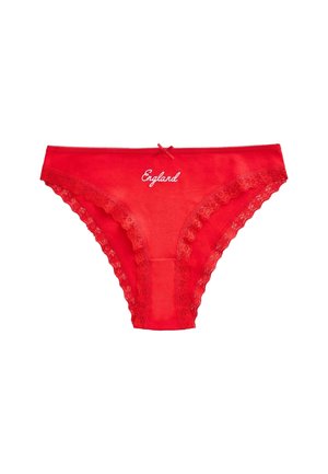 Red women's lace-trimmed bikini underwear with a small bow at the waist and "England" embroidered in white on the front center.