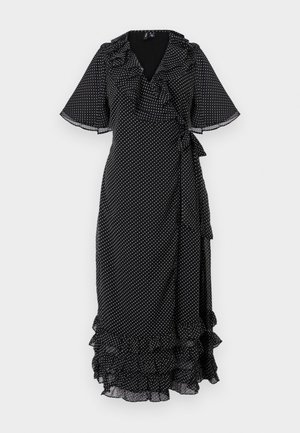 Black polka dot wrap dress with ruffled neckline and sleeves. Features a tie waist and layered ruffles at the hem. Made of lightweight fabric.