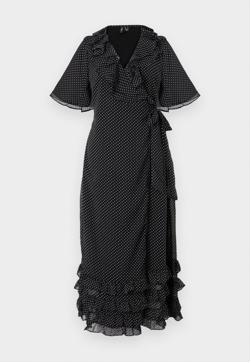 Robe portefeuille noire à pois avec col et manches volantés. Présente une taille à nouer et des volants superposés à l'ourlet. Confectionnée en tissu léger.