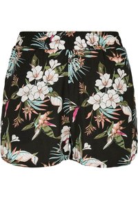 Shorts noirs avec taille élastique présentant un motif floral tropical en blanc, rose, vert et bleu clair.