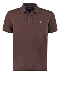 Hnědá polo košile s krátkým rukávem, límečkem, zapínáním na dva knoflíky a malým logem GANT na levé straně hrudi.