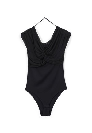 Costume intero nero con design anteriore annodato, spalline larghe e schiena a V profonda. Tessuto liscio con finitura opaca.