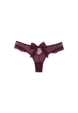 Burgunderfarbener Spitzen-String mit Tupfenmuster, transparentem Mesh-Stoff, gerafften Kanten und einer großen dekorativen Schleife auf der Rückseite.