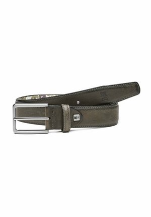 Leather belt in olive green with a rectangular metal buckle and stitched edges; features a subtle pattern on the inner side.