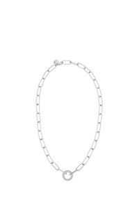 Silberne Halskette mit elongated Links und einem runden Anhänger, geschmückt mit kleinen klaren Steinen. Minimalistisches Design mit einem Verschluss.