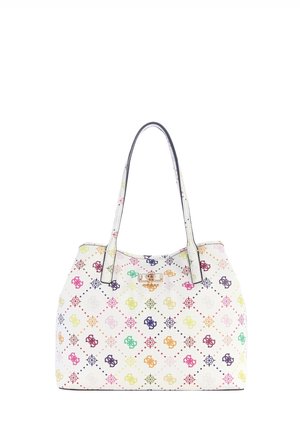 Borsa a mano bianca con logo decorato multicolore e doppie maniglie a spalla, dotata di chiusura a morsetto dorata sul davanti.