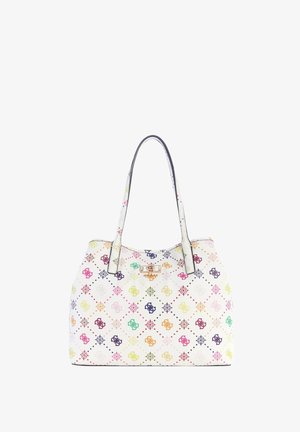 Borsa a mano bianca con logo decorato multicolore e doppie maniglie a spalla, dotata di chiusura a morsetto dorata sul davanti.