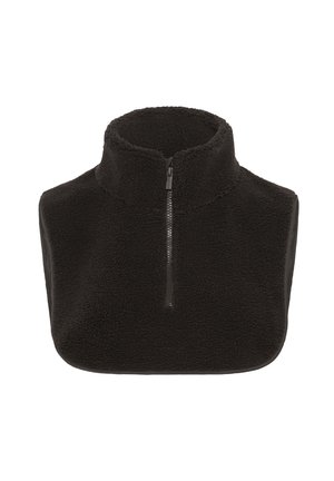 Pull sur-chemise en polaire noire avec un col haut et une fermeture éclair sur le devant à un quart. Il présente un tissu texturé et un design sans manches. Forme simple et fonctionnelle.
