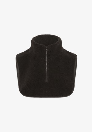 Sudadera de forro polar negro con un collar alto y cierre de cremallera en la parte delantera hasta un cuarto. Presenta una tela texturada y un diseño sin mangas. Forma simple y funcional.