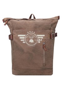 Brown canvas backpack with a roll-top design, featuring a front zipper pocket, logo print, adjustable straps, and leather accents.