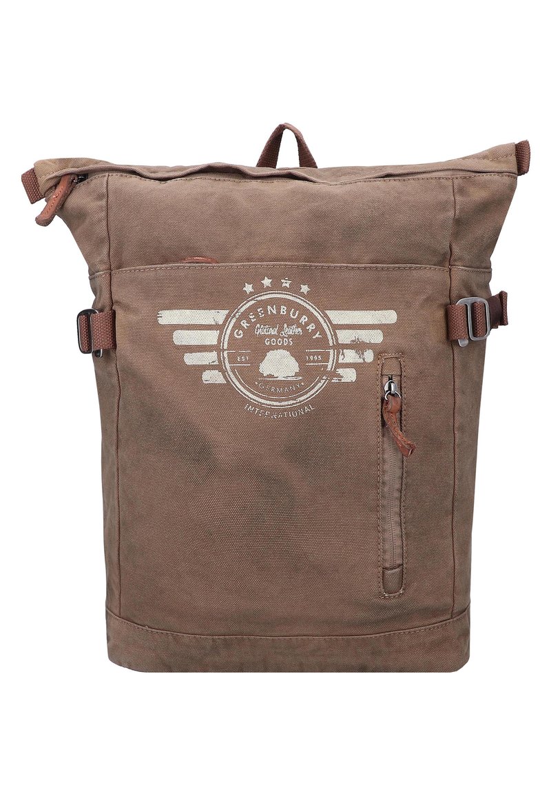 Brown canvas backpack with a roll-top design, featuring a front zipper pocket, logo print, adjustable straps, and leather accents.