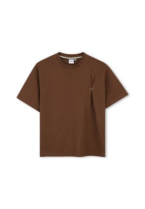 Bruin katoenen T-shirt met korte mouwen, ronde hals, klein logo op de linkerborst en relaxte pasvorm.