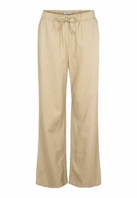 Pantalon décontracté beige avec taille élastique et cordon, coupe droite et étiquette de marque visible à l’intérieur de la ceinture.