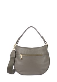 Sac à épaule en cuir gris avec une forme arrondie, détail de fermeture éclair dorée et une bandoulière réglable. Surface texturée avec une poche zippée à l'avant.