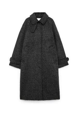 Dunkelgrauer Wollmantel mit einer strukturierten Optik, ausgestattet mit einem Kragen, zwei vorderen Taschen und geknöpften Ärmeldetails. Insgesamt lockere Passform.