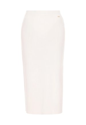 Spódnica w kształcie ołówka, dopasowana, do kolan, uszyta z miękkiego, elastycznego materiału w odcieniu jasnobeżowym, mająca gładką teksturę i dyskretny akcent z logo.