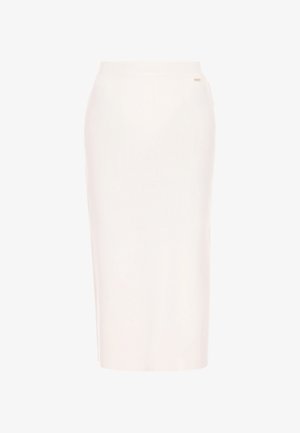 Knee ilgio, prigludęs pieštuko sijonas, pagamintas iš minkštos, tamprios medžiagos kreminės baltos spalvos, su glotniu paviršiumi ir diskretišku logotipo akcentu.