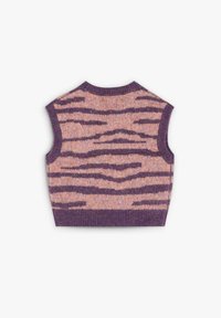 Top de punto sin mangas con un patrón de rayas de tigre en rosa y púrpura, con detalles de canalé en el cuello y el dobladillo. Material texturizado y suave.