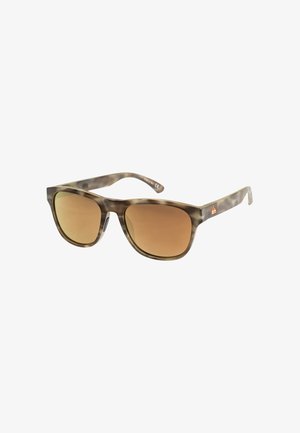 Sunglasses with an angular design, brown and green marbled plastic frame, brown tinted lenses, and a small orange logo on the side.