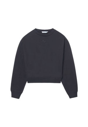 Felpa nera corta con maniche lunghe, polsini a coste e scollatura a girocollo. Presenta un logo ricamato sul petto. Tessuto morbido.