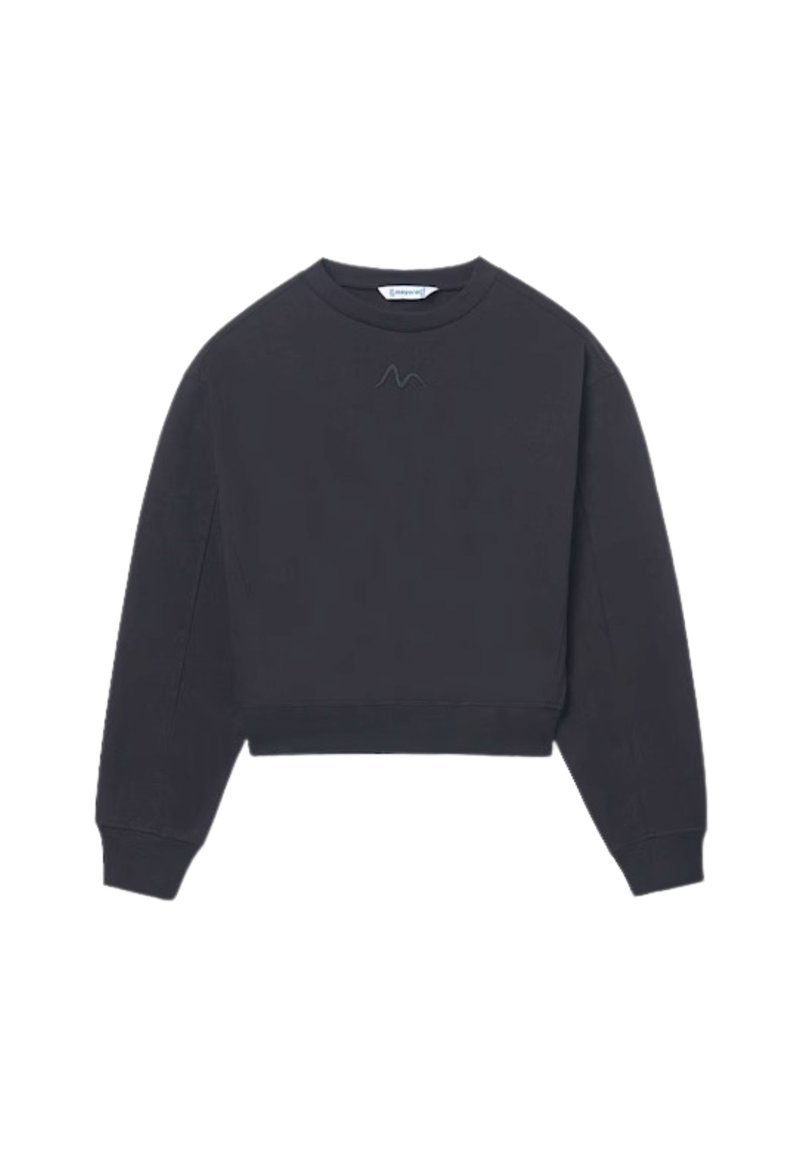 Felpa nera corta con maniche lunghe, polsini a coste e scollatura a girocollo. Presenta un logo ricamato sul petto. Tessuto morbido.