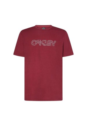 T-shirt bordeaux a maniche corte con logo "OAKLEY" delineato geometricamente al centro del petto.