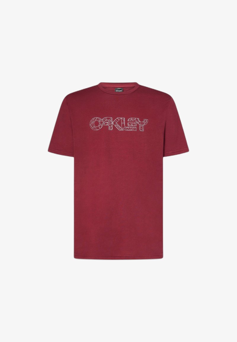 T-shirt bordeaux à manches courtes avec un logo "OAKLEY" en contour géométrique centré sur la poitrine.