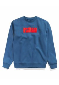 Sudadera azul de cuello redondo con puños y dobladillo acanalados, que presenta un audaz parche con el logo rojo "raw" centrado en el pecho.