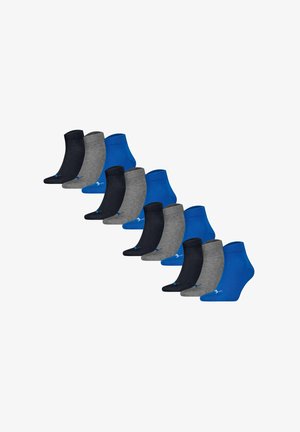 Conjunto de calcetines tobilleros en tonos azul, azul oscuro y gris, con puños acanalados y pequeños acentos de logotipo. Total de 12 pares.