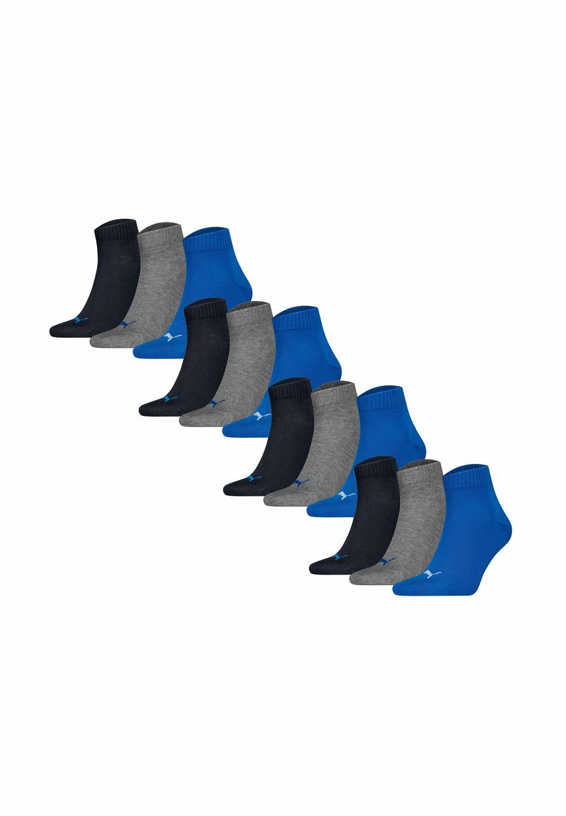 Conjunto de calcetines tobilleros en tonos azul, azul oscuro y gris, con puños acanalados y pequeños acentos de logotipo. Total de 12 pares.