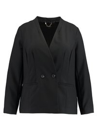 Blazer negro de doble botón con mangas largas, dos botones, dos bolsillos frontales y un cuello en V, mostrado sobre un fondo blanco.