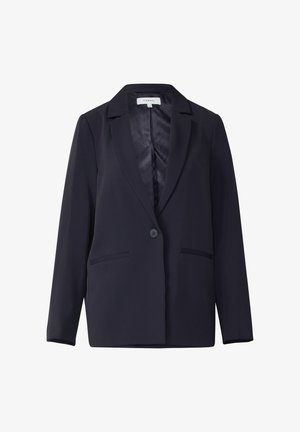 Dunkelblauer Ein-Knopf-Blazer mit gekerbtem Revers, langen Ärmeln und zwei vorderen Paspeltaschen, gefüttert mit markengewebtem Stoff.