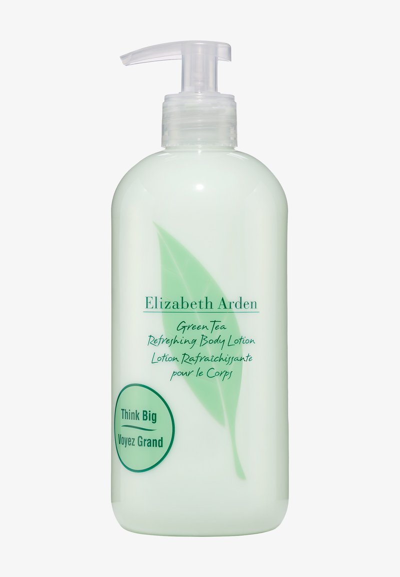 Elizabeth Arden Green Tea verfrissende bodylotion in een transparante pompflacon met groene bladvormige afbeelding en tweetalige tekst.